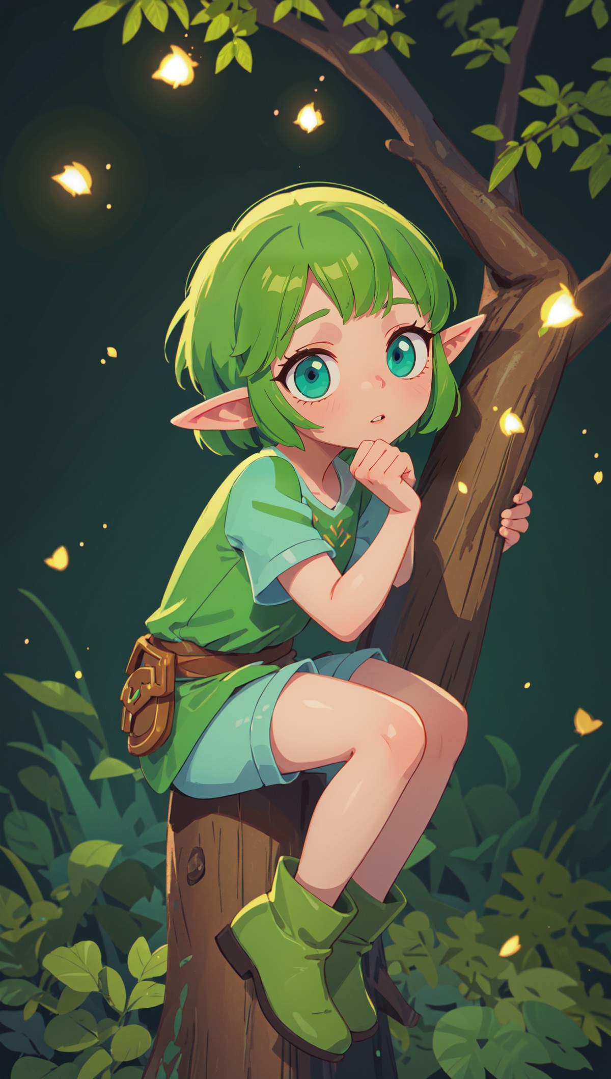 1girl, (green hair:1.1), short hair, pointy ears, wearing a green (tunic:1.2) and shorts, (illustration:1.1), highres, (ex...